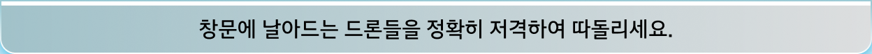 창문에 날아드는 드론들을 정확히 저격하여 따돌리세요.